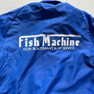 Men's Vintage Fish Machine Windbreaker Blue Logo M Nylon Button Lined USA 80s